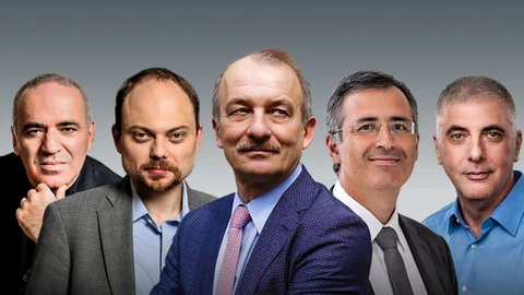 Themenbild zu den Putin-Gegnern. Porträts der Männer stehen nebeneinander.