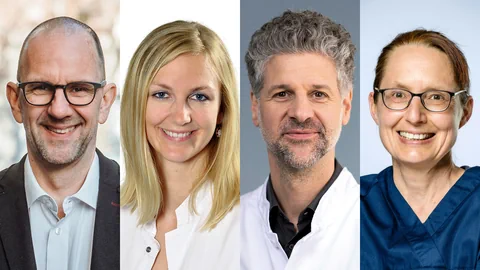 Porträts von vier lächelnden Personen nebeneinander.