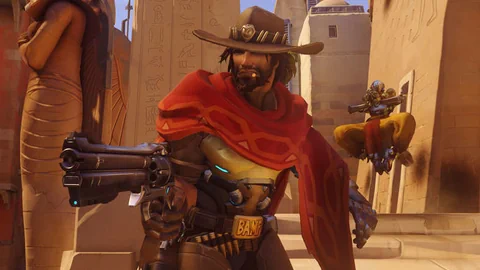 Auf dem Bild zu sehen ist Jesse McCree ein sogenannter Damage Hero. Er sieht aus wie ein klassischer Cowboy, der 6 Schüsse in seinem Peacekeeper Revolver geladen hat.