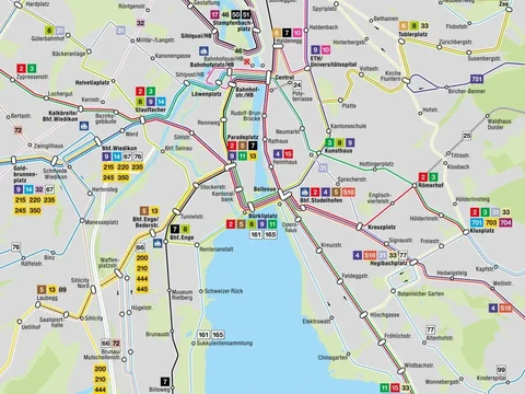 Stadtplan von Zürich mit öffentlichen Verkehrslinien.
