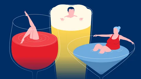 Illustration mit Wein-, Bier und Schnapsglas in denen je eine Person badet
