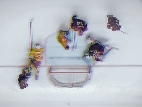 Blick auf ein Eishockey-Spiel von oben.