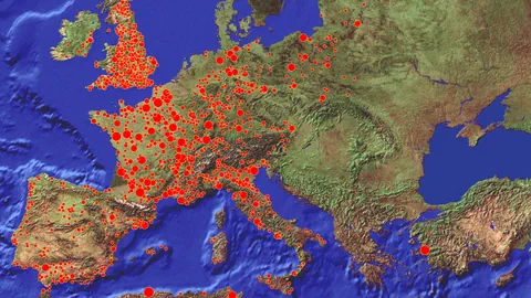 Eine Karte mit Pestfällen in Europa