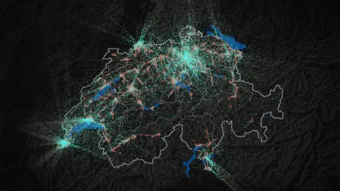 Grundriss der Schweizerkarte, die Zuzüge sind mit kleinen farbigen Punkten dargestellt