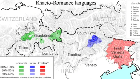 Eine Karte der drei rätoromanischen Sprachgebiete Bündnerromanisch, Ladinisch und Friaulisch