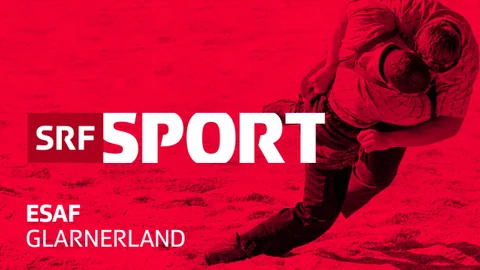 Der Schriftzug von SRF Sport und im Hintergrund zwei Schwinger im Sägemehl.