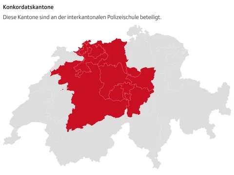 Karte der Schweiz mit rot markierten Konkordatskantonen: AG, BE, BL, BS, LU,  NW, OW, SZ, SO, UR und ZG.