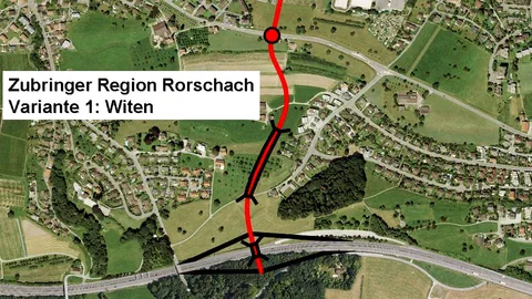 Projektplan: Flugaufnahme Rorschach mit geplanter neuer Strassenführung