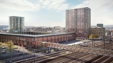 Visualisierung Stadion-Neubau mit Wohntürmen, im Vordergrund Geleise