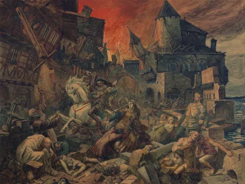 Mittelalterliche Szene mit Stadt im Chaos und Kämpfen.