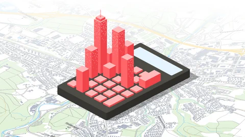 Illustration: Aus den Tasten eines Taschenrechners, der auf einer Karte liegt, wachsen Hochäuser