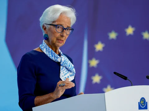Frau am Rednerpult vor EU-Flagge.