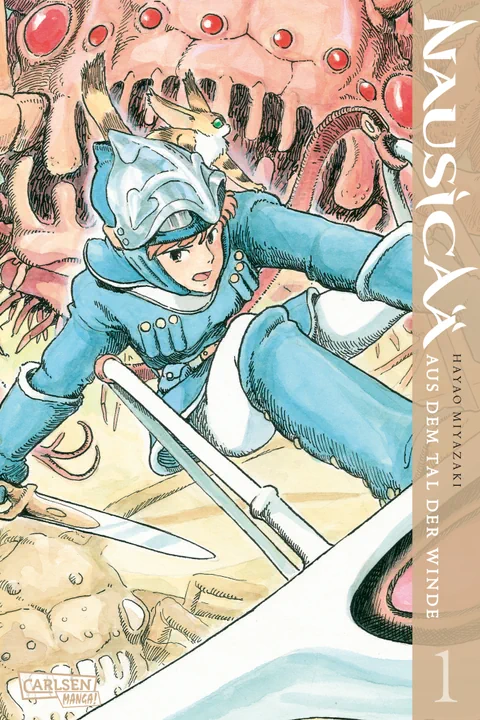 Manga-Cover von Nausicaä im blauen Anzug mit Insekt im Hintergrund.