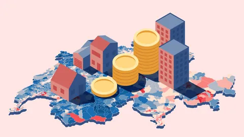 Illustration von Gebäuden und Münzstapeln auf einer Landkarte.