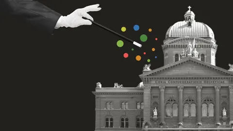 Hand mit Zauberstab über dem Bundeshaus