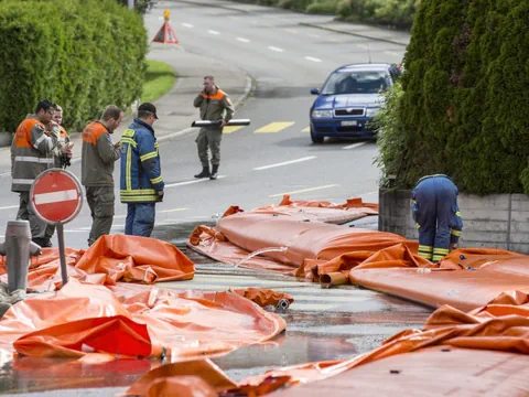 Arbeiter installieren orangefarbene Schutzvorrichtungen auf Strasse.