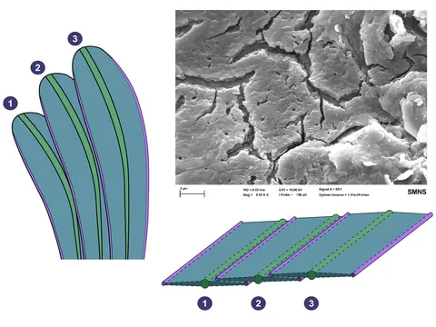 Grafik von Flügelstruktur und mikroskopische Nahaufnahme mit Rissen.
