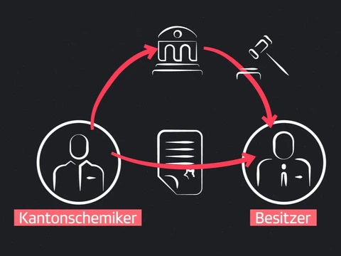 Diagramm des Prozesses zwischen Kantonchemiker, Gericht und Besitzer.