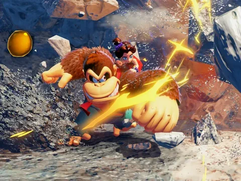 Computerspielcharaktere Donkey Kong und Diddy Kong in dynamischer Actionpose mit Explosionseffekt.