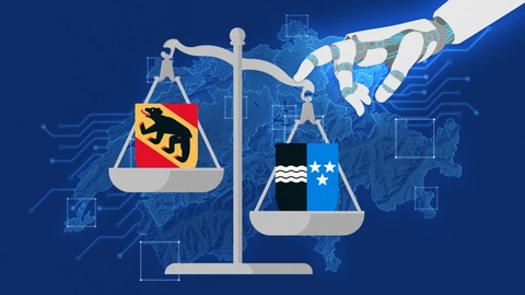 Illustration: Eine Roboterhand manipuliert eine Waage mit zwei Kantonswappen