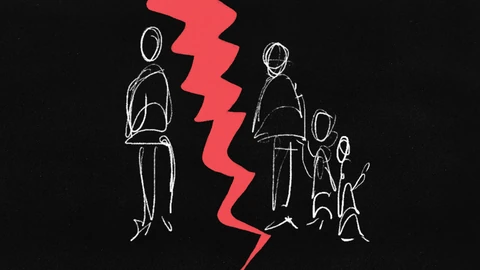 Illustration von zwei Personen auf schwarzem Hintergrund, getrennt durch einen roten Blitz.