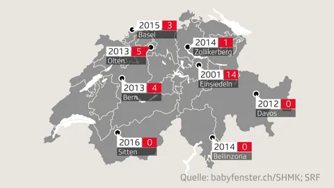 Karte mit den Standorten der acht Babyfenster in der Schweiz