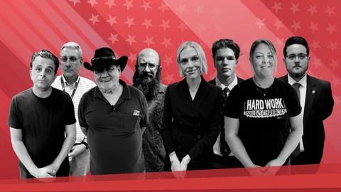Die befragten Protagonisten vor Hintergrund mit Stars-and-Stripes