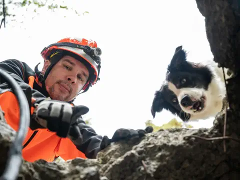 Person in orangem Helm und Hund blicken durch Loch in der Erde.