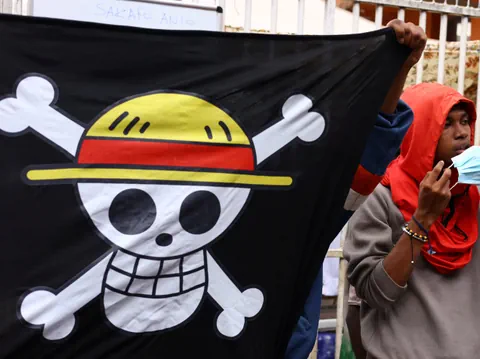 Person hält Flagge mit Totenkopf und Strohhut.