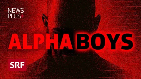 rot-schwarzes Logo mit Schrift Alpha Boys vor einem verschwommenen Männerkopf