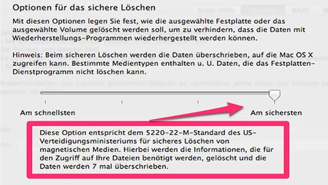 Screenshot aus OS X Festplatten-Manager mit der Option, die Festplatte sicher zu löschen.
