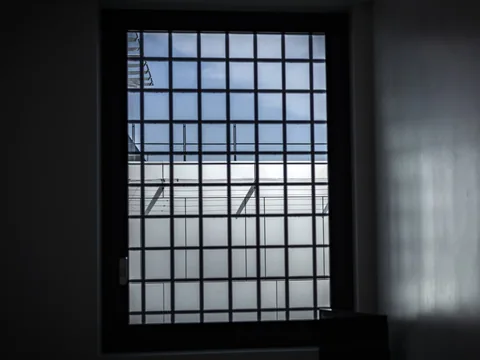Vergittertes Fenster mit Blick nach draussen.