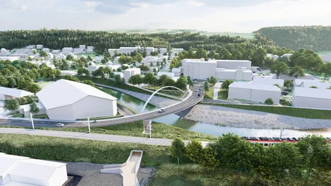 Illustration einer Stadtansicht mit Brücke, Fluss und grüner Umgebung.