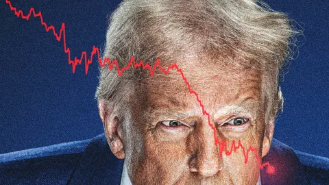 Bildmontage: Donald Trump betrachtet eine sinkende Linie.