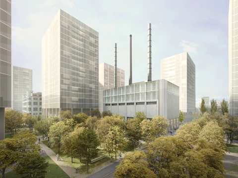 Moderne städtische Architektur mit hohen Gebäuden und Bäumen.