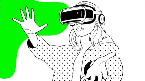 Frau mit VR-Headset und erhobenen Händen.