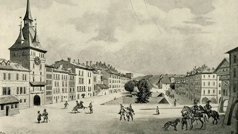 Historische Zeichnung eines belebten Stadtplatzes mit Turm und Reitern.