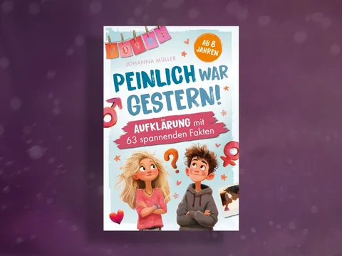 Buchcover mit Illustrationen von zwei Kindern und farbigem Text.