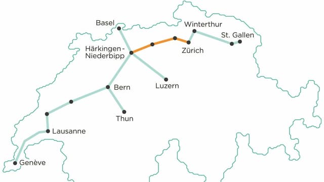 Carta che mussa nudà nua ch'ils trajects giessan tras. Marcà oransch è il traject da Härkingen a Turitg che duai vegnir construì sco emprim. Carta che mussa nudà nua ch'ils trajects giessan tras. Marcà oransch è il traject da Härkingen a Turitg che duai vegnir construì sco emprim.