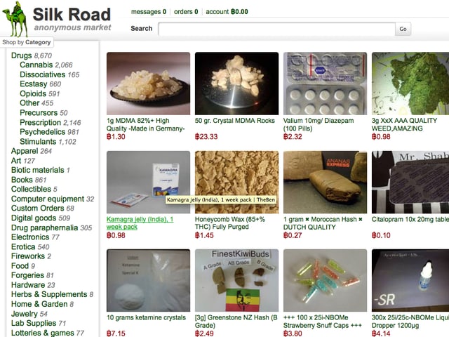Ein Screenshot der Plattform Silk Road, auf dem MDMA zum Bestellen angeboten wird. Ein Screenshot der Plattform Silk Road, auf dem MDMA zum Bestellen angeboten wird.