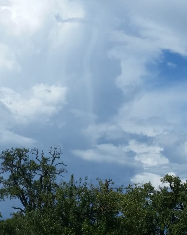 Ein dünner Schlauch einer Windhose am Himmel.