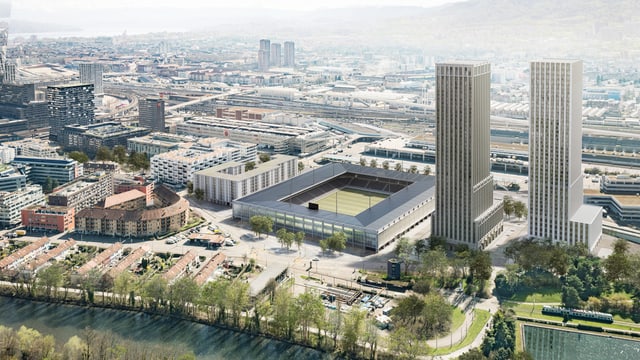 Visualisierung des Stadionprojekts "Ensemble" mit dem Stadion selber und zwei hohen Wohntürmen. Visualisierung des Stadionprojekts "Ensemble" mit dem Stadion selber und zwei hohen Wohntürmen.