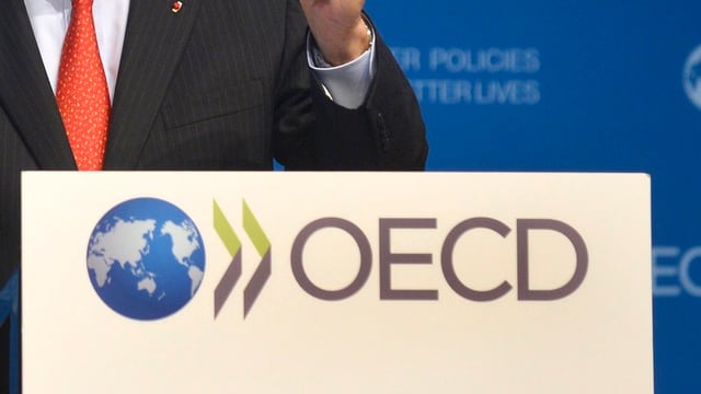 Rednerpult mit dem OECD-Logo Rednerpult mit dem OECD-Logo
