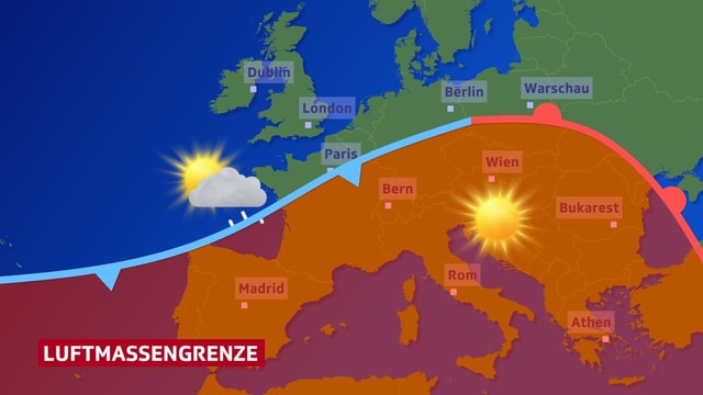 Farbflächen stellen unterschiedliche Luftmassen auf der Europakarte dar. An der Grenze - Übergangszone - wird Niederschlag produziert. Dort ist ein Regensymbol eingetragen. Farbflächen stellen unterschiedliche Luftmassen auf der Europakarte dar. An der Grenze - Übergangszone - wird Niederschlag produziert. Dort ist ein Regensymbol eingetragen.