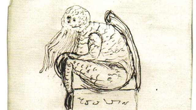 Einfarbige, einfache Skizze, darauf zu sehen ein Monster, das auf einem Klotz sitzt. Einfarbige, einfache Skizze, darauf zu sehen ein Monster, das auf einem Klotz sitzt.