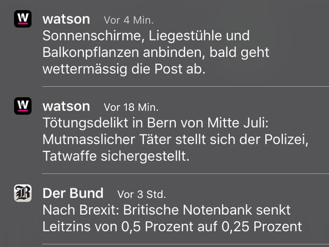Screenshot mit einem Push zum Wetter, zu einem Tötungsdelikt und zur Leitzinssenkung in Grossbritannien. Screenshot mit einem Push zum Wetter, zu einem Tötungsdelikt und zur Leitzinssenkung in Grossbritannien.