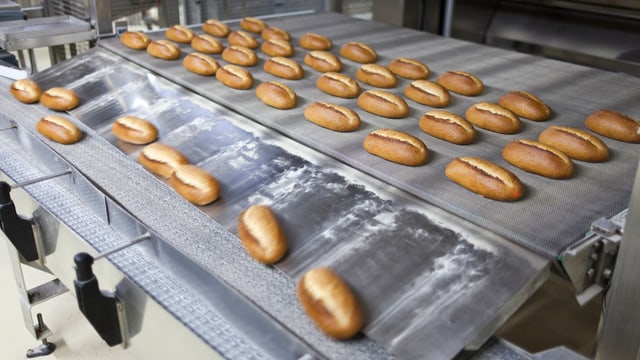Brötchen auf einem Förderband Brötchen auf einem Förderband