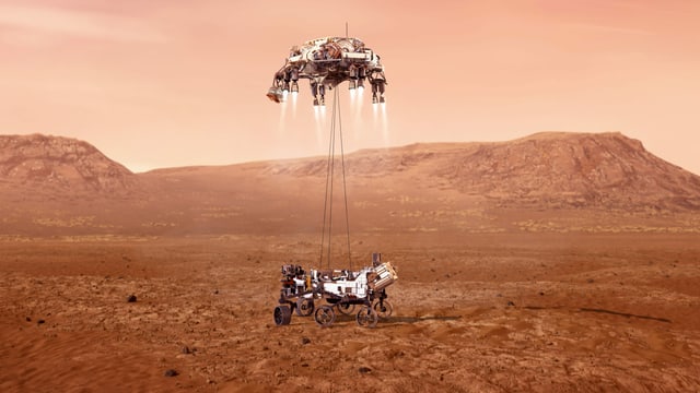 ein Roboter landet vorsichtig auf der Marsoberfläche ein Roboter landet vorsichtig auf der Marsoberfläche