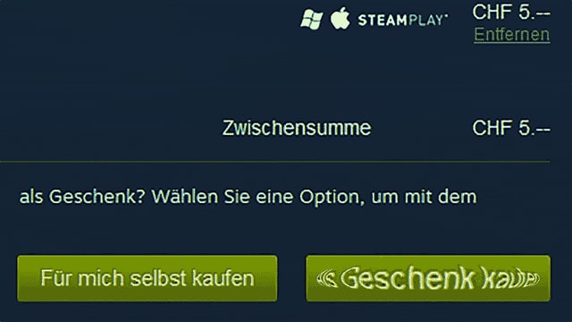 Zwei Buttons auf Steam, «für mich selbst kaufen» und «als Geschenk kaufen». Letzterer pulsiert. Zwei Buttons auf Steam, «für mich selbst kaufen» und «als Geschenk kaufen». Letzterer pulsiert.