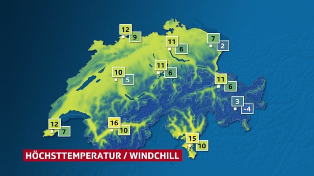Schweizer Karte mit den Höchstwerten versus den gefühlten Temperaturen. Schweizer Karte mit den Höchstwerten versus den gefühlten Temperaturen.